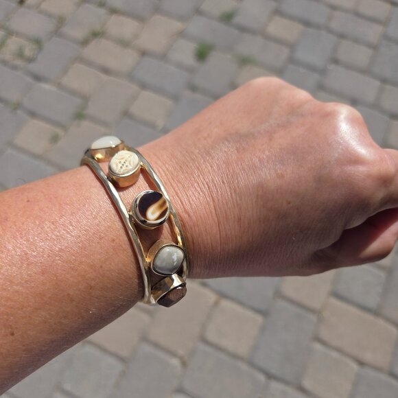 Chico's Hammered Brushed Goldtone and Stone Cuff Bracelet - Picture 1 of 6